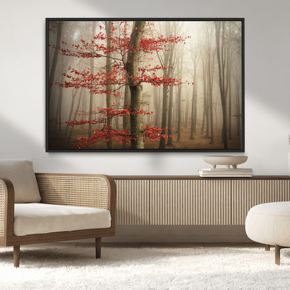 61855-MGV-CV-36X24-Misty Forest Wall Art – Red Tree with Autumn Leaves Canvas Print, Moody Woodland Nature Decor for Living Room, Bedroom, or Office