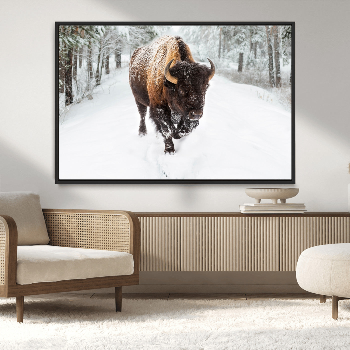 84699-MGV-CV-36X24-Bison in Winter Wall Art – Majestic Buffalo Canvas Print with Snowy Forest Landscape, Rustic Wildlife Artwork for Cabin, Living