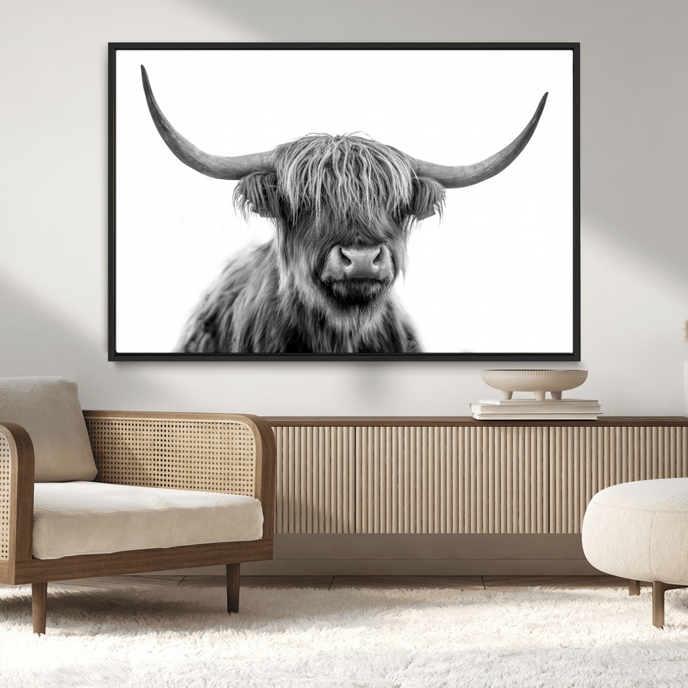 10123-MGV-CV-36X24-Black and White Highland Cow Wall Art – Modern Farmhouse Animal Print, Rustic Scottish Bull Canvas Decor for Living Room, Bedroom,