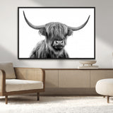 10123-MGV-CV-36X24-Black and White Highland Cow Wall Art – Modern Farmhouse Animal Print, Rustic Scottish Bull Canvas Decor for Living Room, Bedroom,