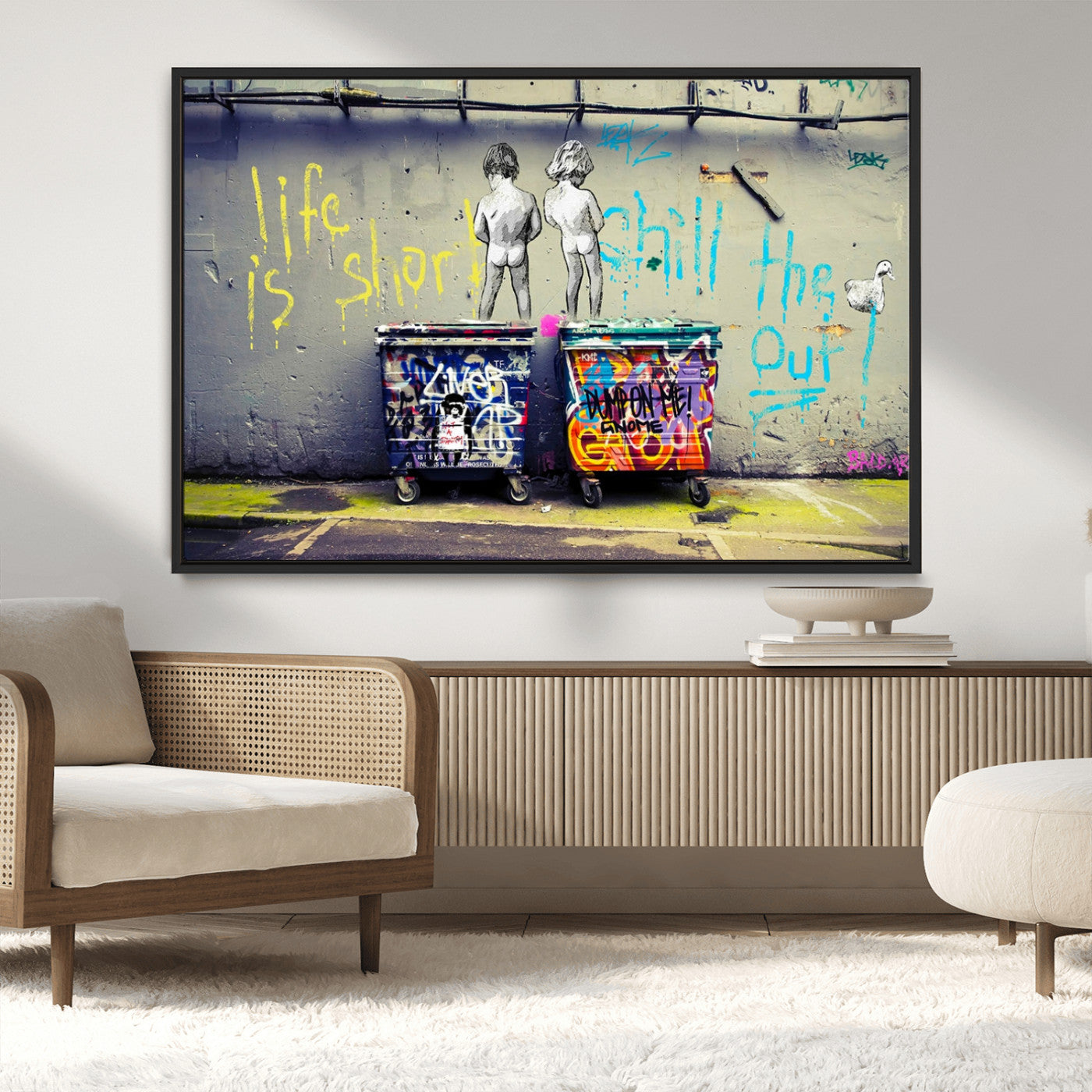 41810-MGV-CV-36X24-Life Is Short Chill Out Graffiti Wall Art – Urban Street Style Canvas Print, Colorful Dumpster Graffiti Mural, Modern Pop Culture