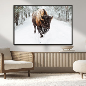 10109-MGV-CV-36X24-Majestic Bison Winter Wall Art – Snowy Forest Buffalo Canvas Print, Rustic Wildlife Photography Decor for Cabin, Lodge, Living