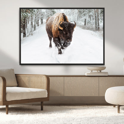 10109-MGV-CV-36X24-Majestic Bison Winter Wall Art – Snowy Forest Buffalo Canvas Print, Rustic Wildlife Photography Decor for Cabin, Lodge, Living