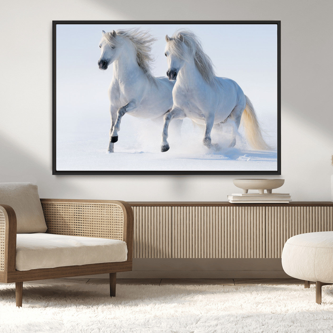 80145-MGV-CV-36X24-White Horses Running Snow Wall Art – Majestic Equine Canvas Print, Winter Nature Photography Decor for Living Room, Office,