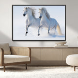80145-MGV-CV-36X24-White Horses Running Snow Wall Art – Majestic Equine Canvas Print, Winter Nature Photography Decor for Living Room, Office,