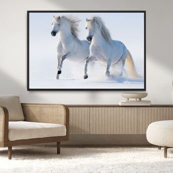 80145-MGV-CV-36X24-White Horses Running Snow Wall Art – Majestic Equine Canvas Print, Winter Nature Photography Decor for Living Room, Office,
