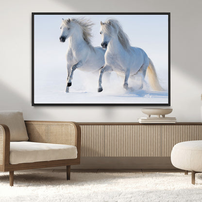 80145-MGV-CV-36X24-White Horses Running Snow Wall Art – Majestic Equine Canvas Print, Winter Nature Photography Decor for Living Room, Office,