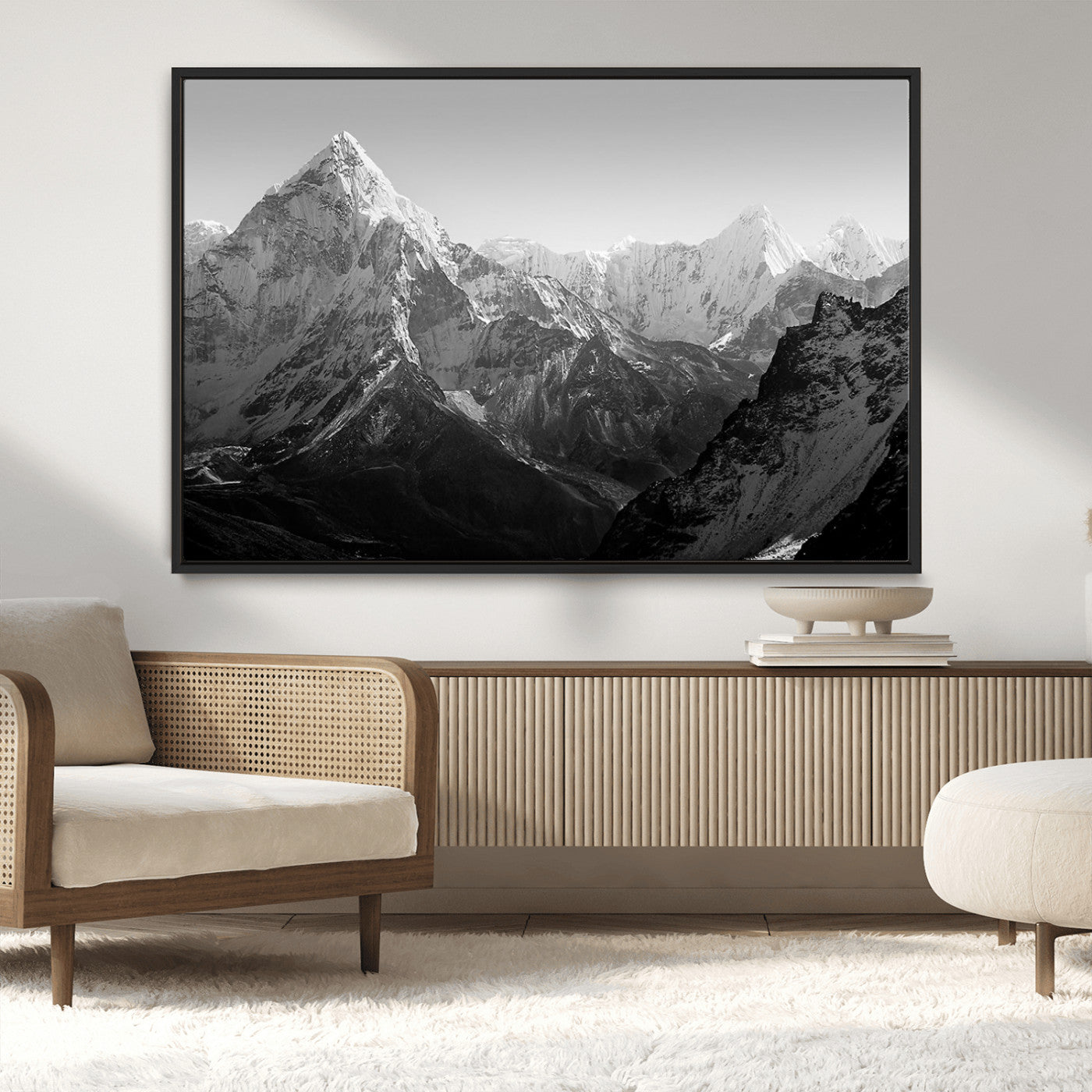 10775-MGV-CV-36X24-Snow Capped Mountain Wall Art – Black and White Canvas Print of Majestic Peaks, Nature Landscape Photography for Office, Bedroom,
