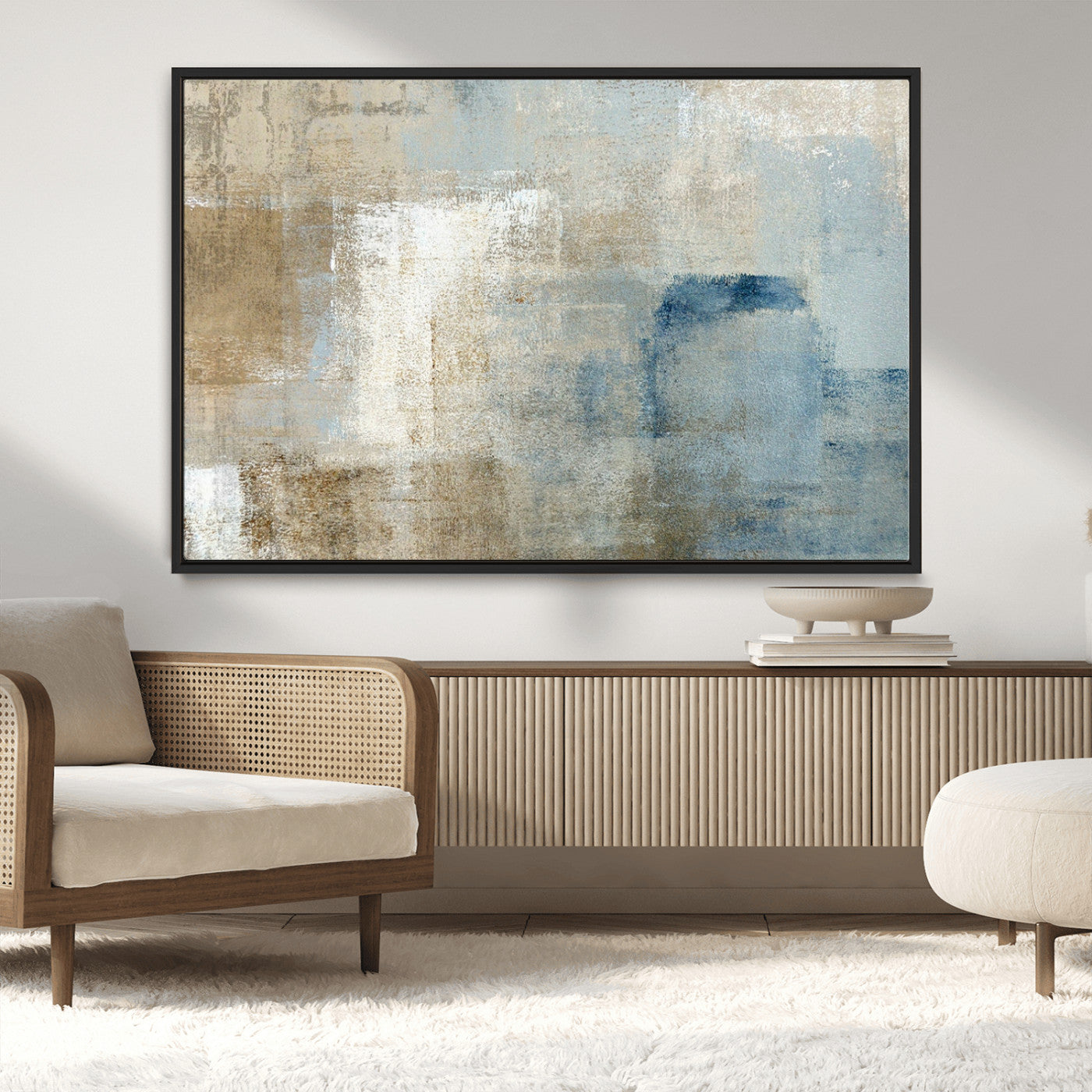 38126-MGV-CV-36X24-Neutral Abstract Wall Art – Modern Beige and Blue Canvas Print and Minimalist Textured Painting for Living Room, Bedroom or Office