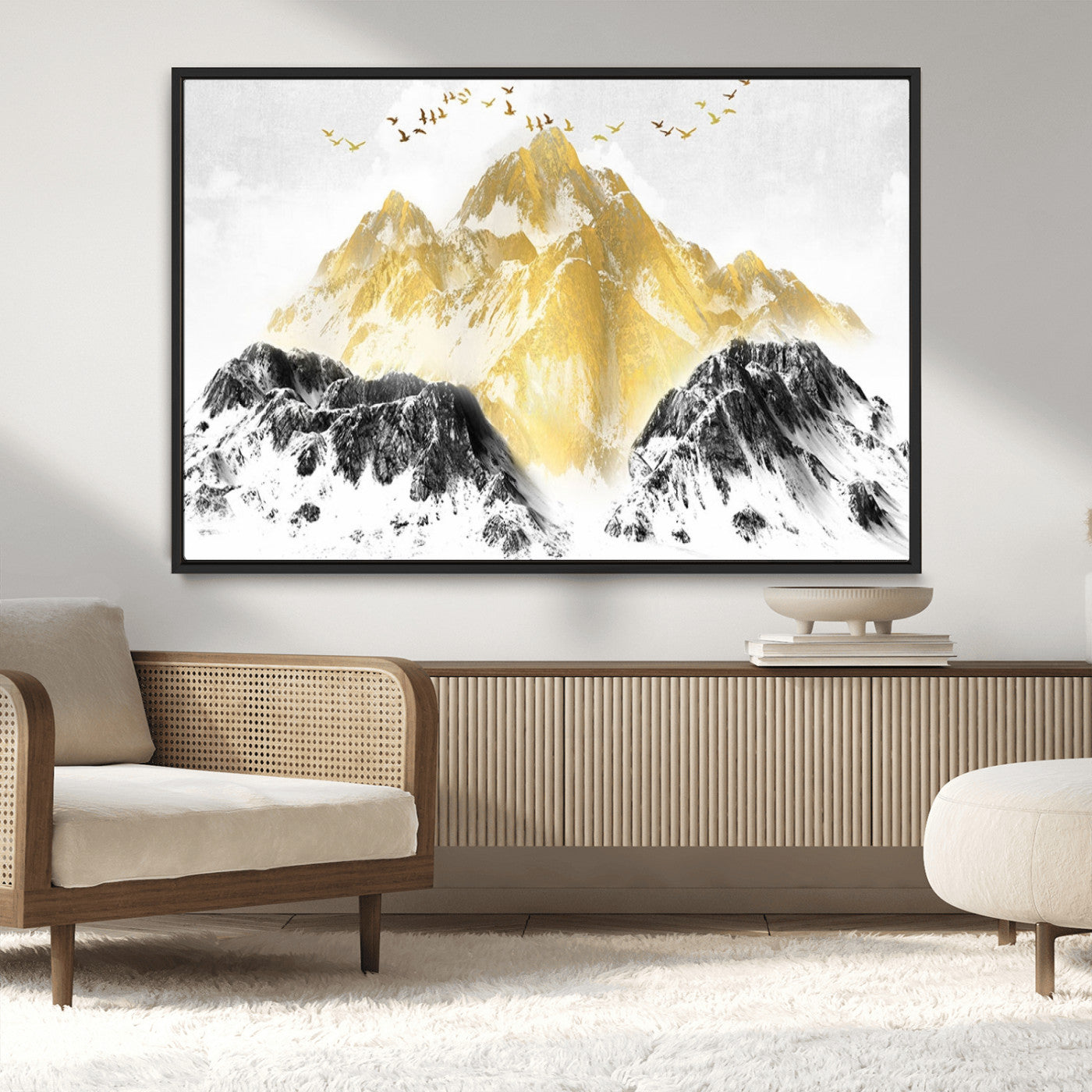 37733-MGV-CV-36X24-Golden Mountain Wall Art – Modern Abstract Landscape Canvas Print with Birds, Luxury Nature Decor for Living Room, Bedroom, or