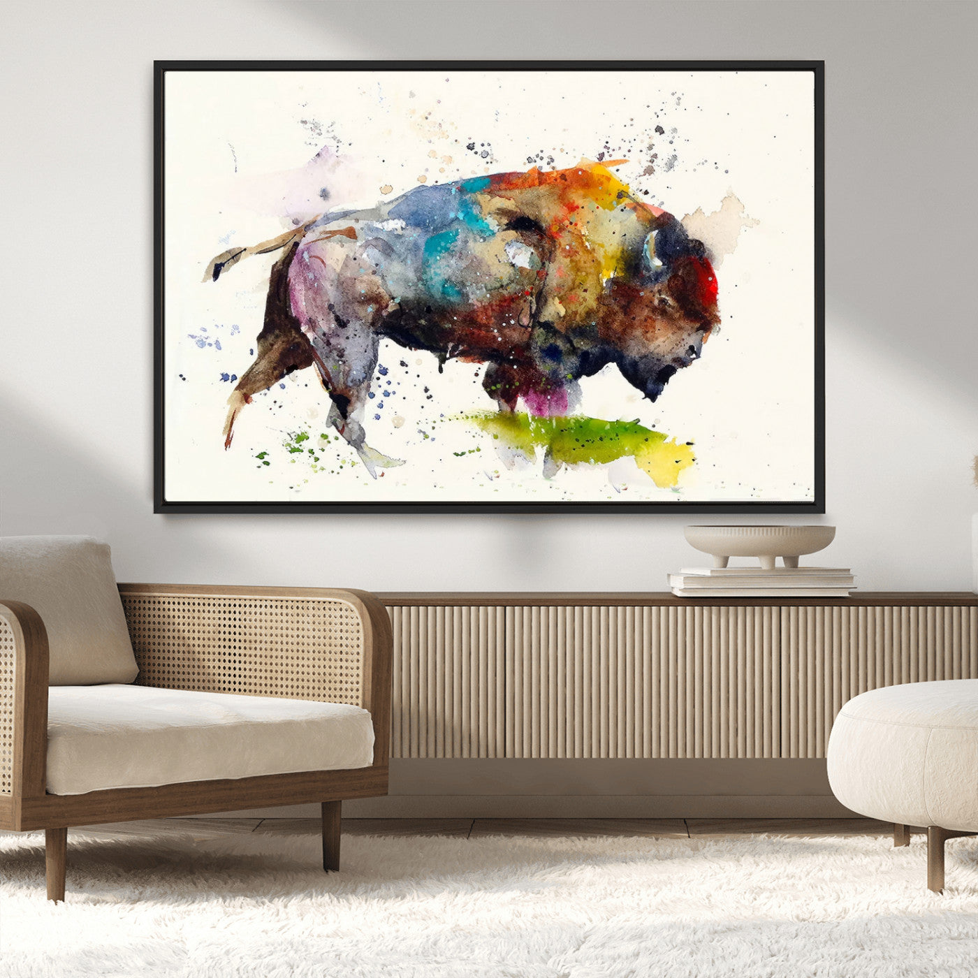 44504-MGV-CV-36X24-Buffalo Watercolor Wall Art – Abstract Bison Canvas Print, Rustic Wildlife Decor for Living Room, Office, Cabin, Man Cave or