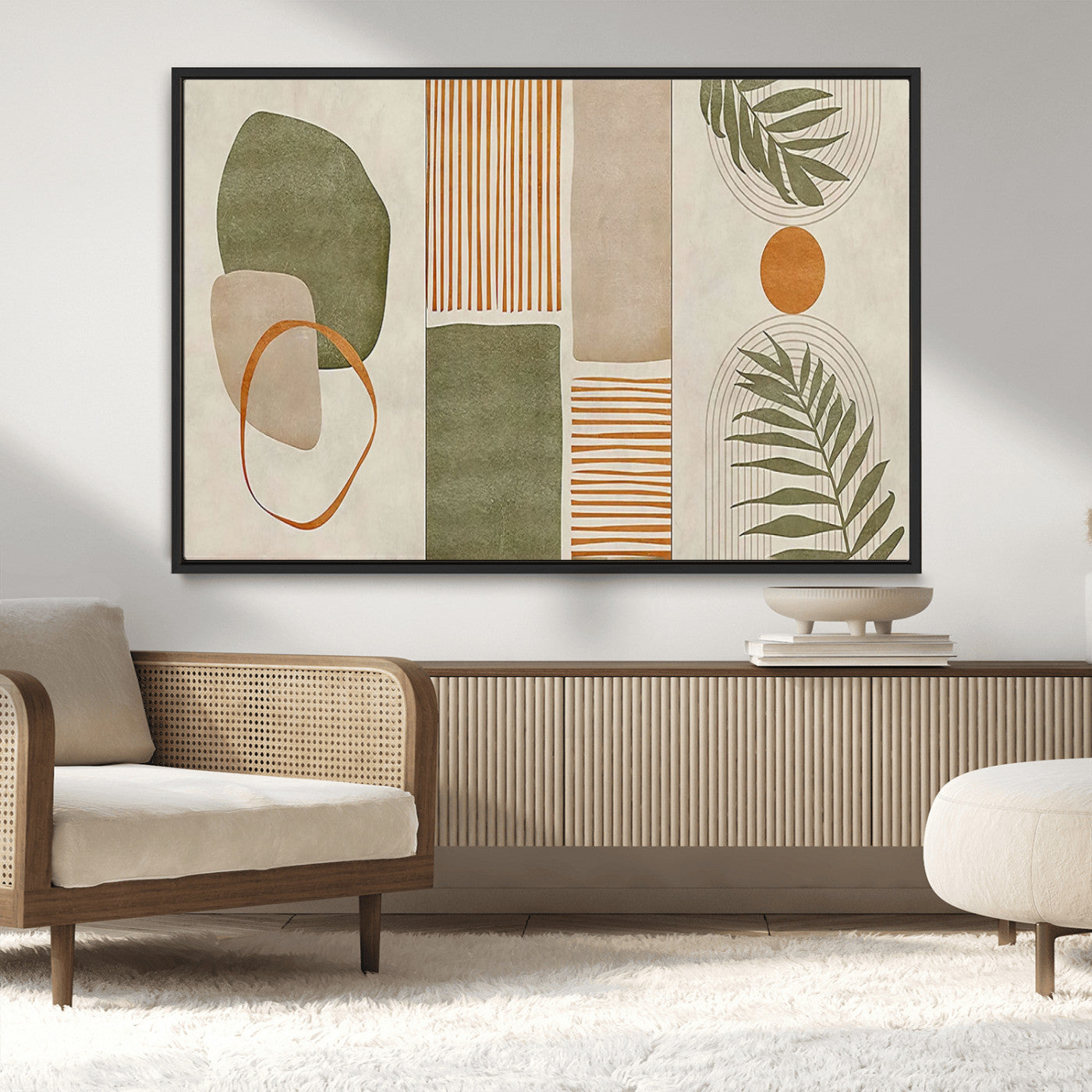 96002-MGV-CV-36X24-Abstract Geometric Wall Art – Modern Canvas Print with Green, Orange & Beige Shapes, Minimalist Home Decor for Living Room, Office