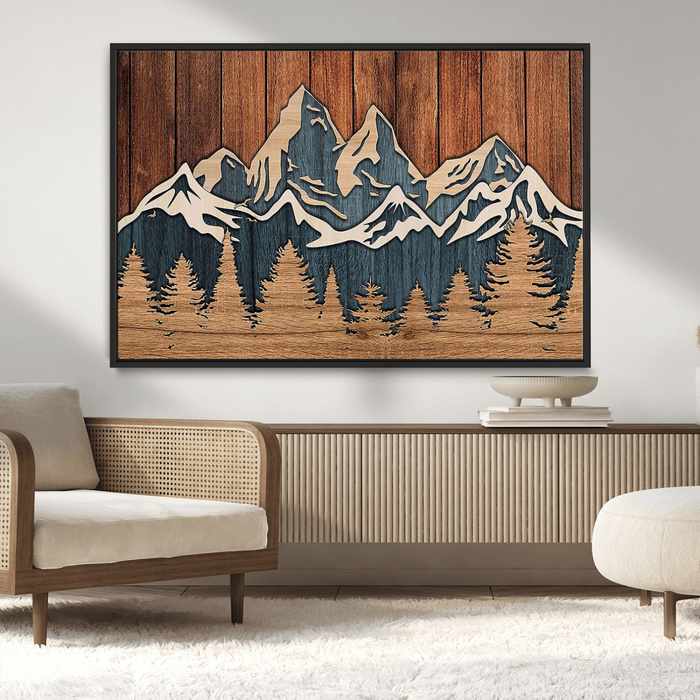 41330-MGV-CV-36X24-Rustic Mountain Wall Art – Wooden Nature Scene with Trees and Peaks, Handmade 3D Layered Decor for Living Room, Cabin or Office