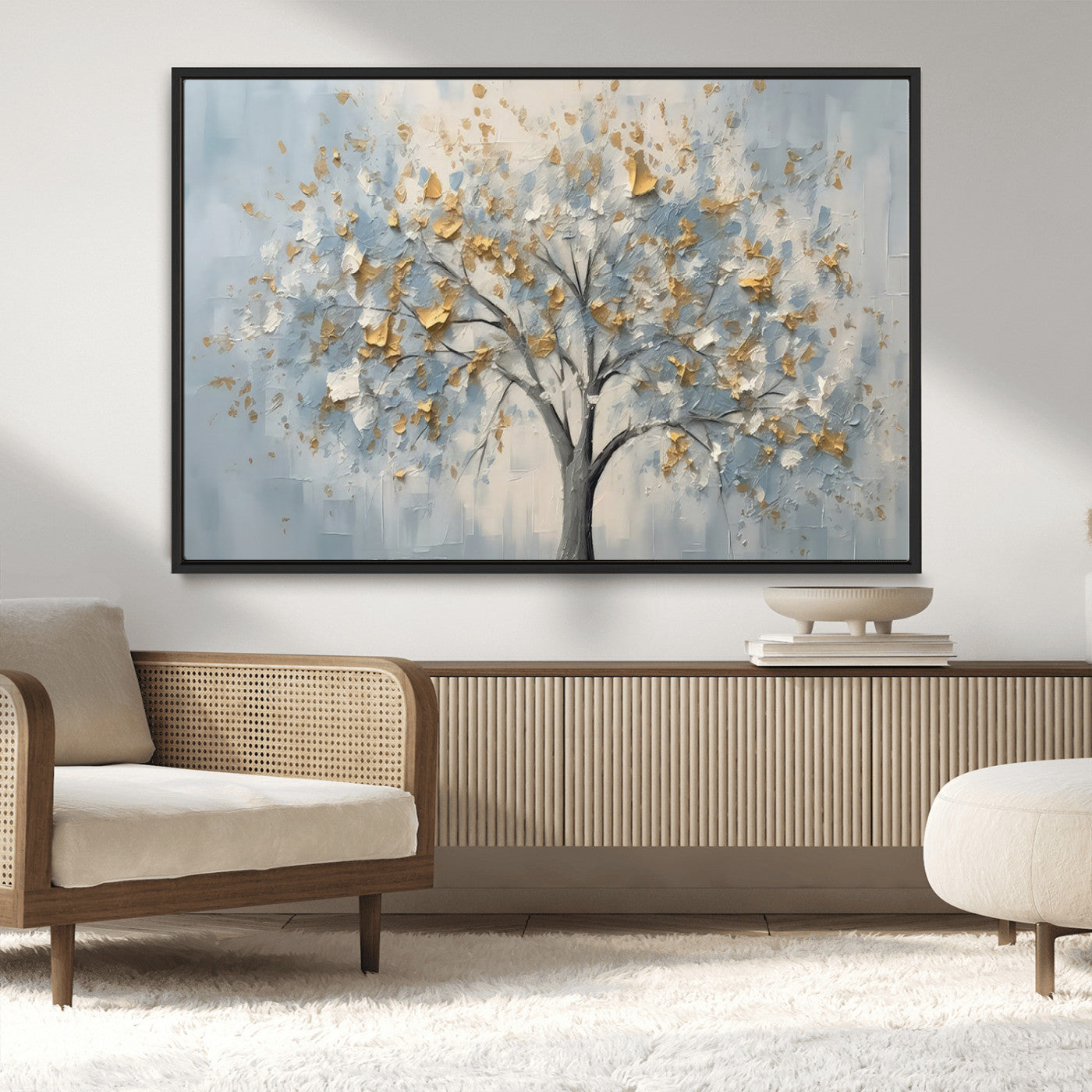 65811-MGV-CV-36X24-Abstract Tree Wall Art – Textured Canvas Painting with Gold and White Leaves, Modern Nature Inspired Decor for Living Room or