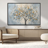 65811-MGV-CV-36X24-Abstract Tree Wall Art – Textured Canvas Painting with Gold and White Leaves, Modern Nature Inspired Decor for Living Room or