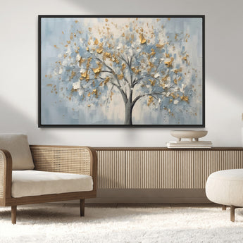 65811-MGV-CV-36X24-Abstract Tree Wall Art – Textured Canvas Painting with Gold and White Leaves, Modern Nature Inspired Decor for Living Room or