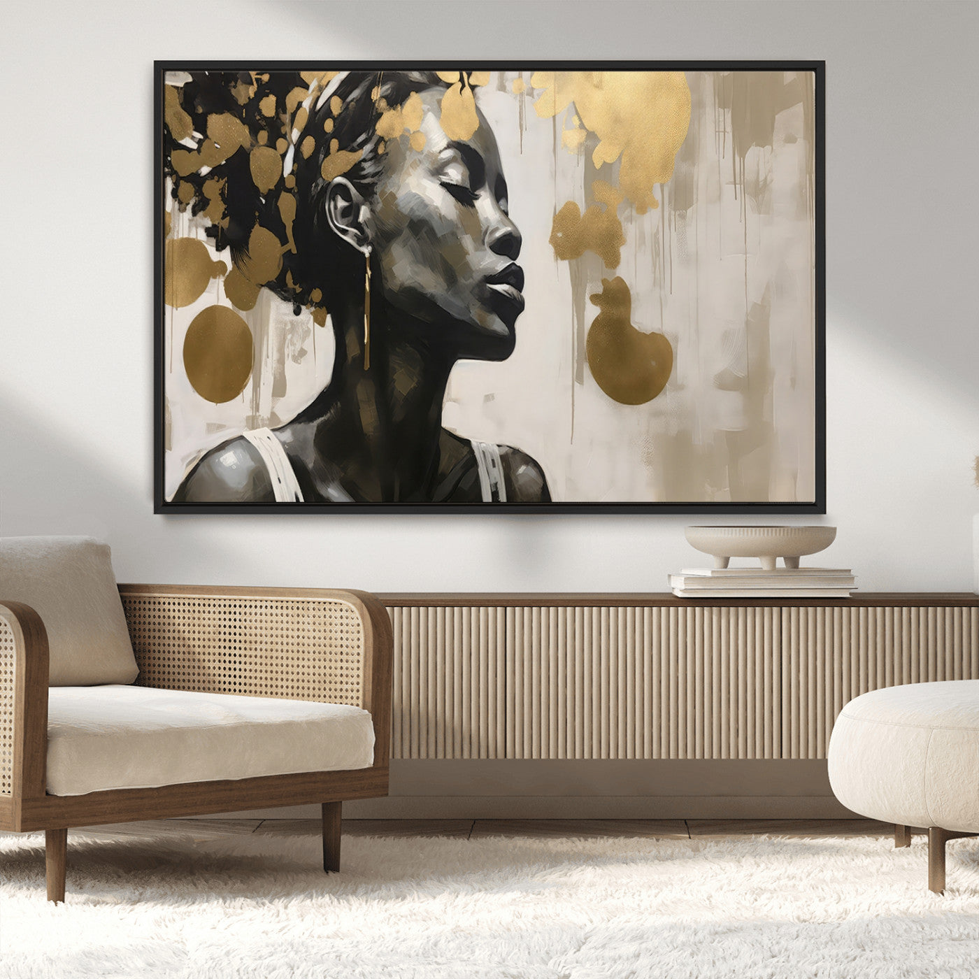 65669-MGV-CV-36X24-Elegant Black Woman Wall Art – Modern Abstract Portrait Canvas with Gold Accents, Contemporary Afrocentric Decor for Living Room