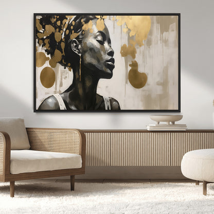 65669-MGV-CV-36X24-Elegant Black Woman Wall Art – Modern Abstract Portrait Canvas with Gold Accents, Contemporary Afrocentric Decor for Living Room