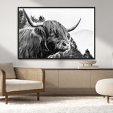 61570-MGV-CV-36X24-Highland Cow Wall Art – Black and White Scottish Bull Canvas Print, Rustic Farmhouse Animal Decor for Living Room, Bedroom, or
