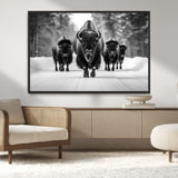 45287-MGV-CV-36X24-Bison Herd Wall Art – Black and White Buffalo Snow Road Canvas Print, Rustic Wildlife Decor for Cabin, Lodge or Living Room