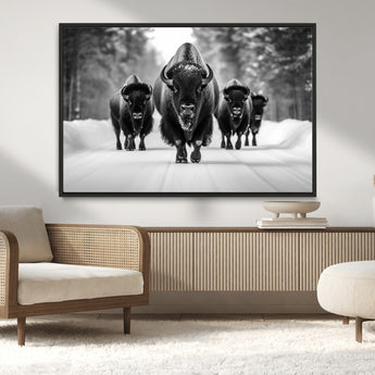 45287-MGV-CV-36X24-Bison Herd Wall Art – Black and White Buffalo Snow Road Canvas Print, Rustic Wildlife Decor for Cabin, Lodge or Living Room