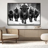 79872-MGV-CV-36X24-Bison Herd Wall Art – Black and White Buffalo on Snow Canvas Print, Rustic Wildlife Decor for Lodge, Cabin, or Living Room