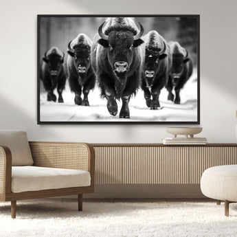79872-MGV-CV-36X24-Bison Herd Wall Art – Black and White Buffalo on Snow Canvas Print, Rustic Wildlife Decor for Lodge, Cabin, or Living Room