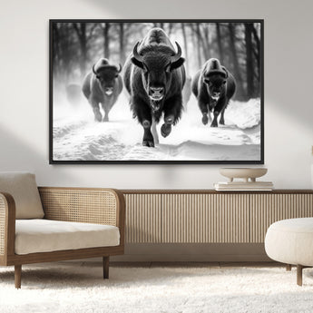 97552-MGV-CV-36X24-Black and White Bison Wall Art – Buffalo Herd Running in Snow Canvas Print, Rustic Wildlife Photography Decor for Cabin, Lodge, or