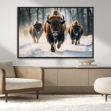 56549-MGV-CV-36X24-Wild Bison Wall Art – Majestic Buffalo Herd Running in Snow Canvas Print, Rustic Wildlife Photography Decor for Cabin, Lodge, or