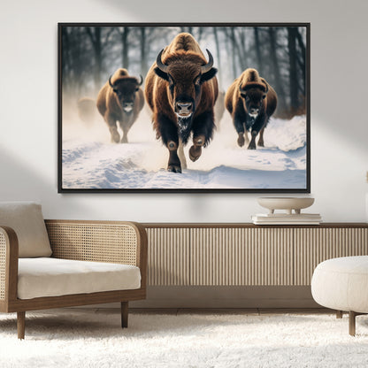56549-MGV-CV-36X24-Wild Bison Wall Art – Majestic Buffalo Herd Running in Snow Canvas Print, Rustic Wildlife Photography Decor for Cabin, Lodge, or