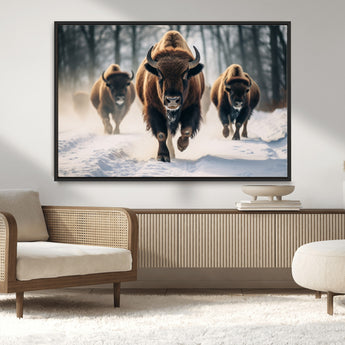 56549-MGV-CV-36X24-Wild Bison Wall Art – Majestic Buffalo Herd Running in Snow Canvas Print, Rustic Wildlife Photography Decor for Cabin, Lodge, or