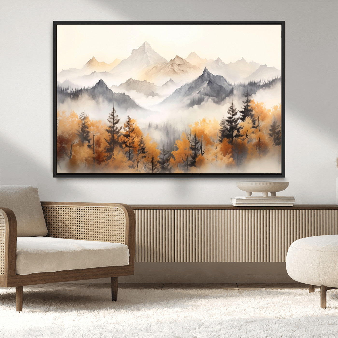 70049-MGV-CV-36X24-Autumn Mountain Forest Wall Art – Misty Landscape Canvas Print, Rustic Nature Inspired Decor for Living Room, Bedroom or Office