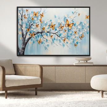 59455-MGV-FC-36X24_Black-Butterfly Tree Branch Wall Art – Blue and Yellow Abstract Canvas Print, Modern Nature Artwork for Living Room, Bedroom or Office