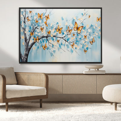59455-MGV-FC-36X24_Black-Butterfly Tree Branch Wall Art – Blue and Yellow Abstract Canvas Print, Modern Nature Artwork for Living Room, Bedroom or Office