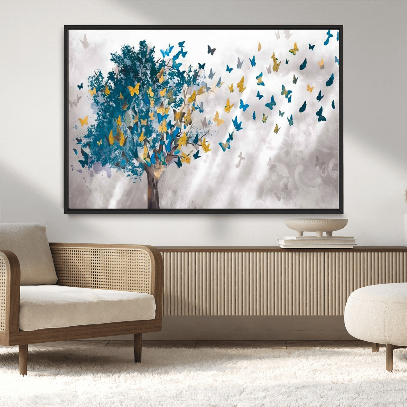 37564-MGV-CV-36X24-Butterfly Tree Wall Art – Modern Nature Canvas Print with Blue and Golden Butterflies, Elegant Decorative Painting for Living Room