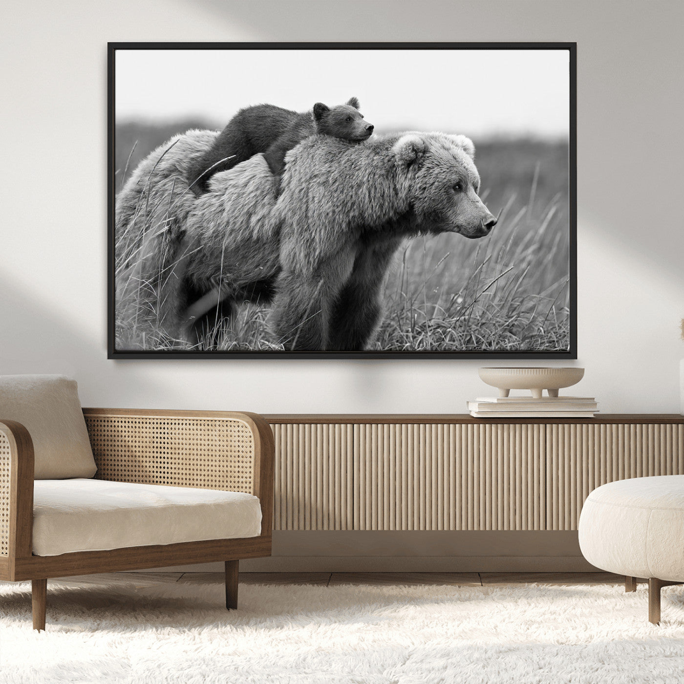 76338-MGV-CV-36X24-Mother Bear and Cub Wall Art – Black and White Wildlife Canvas Print, Rustic Nature Photography for Cabin, Living Room or Office