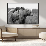76338-MGV-CV-36X24-Mother Bear and Cub Wall Art – Black and White Wildlife Canvas Print, Rustic Nature Photography for Cabin, Living Room or Office