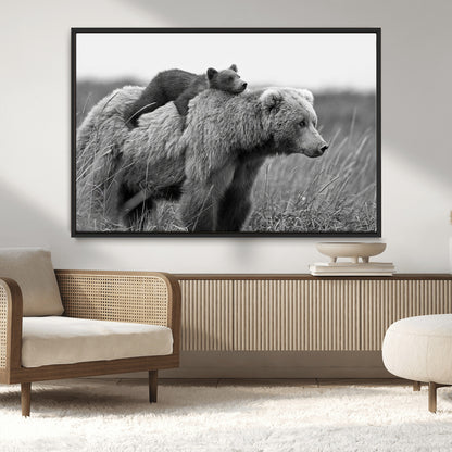 76338-MGV-CV-36X24-Mother Bear and Cub Wall Art – Black and White Wildlife Canvas Print, Rustic Nature Photography for Cabin, Living Room or Office