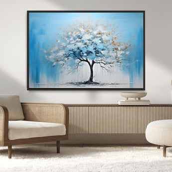 25021-MGV-CV-36X24-Abstract Tree Wall Art – Blue and White Canvas Painting with Gold Accents, Modern Nature-Inspired Artwork for Living Room, Bedroom