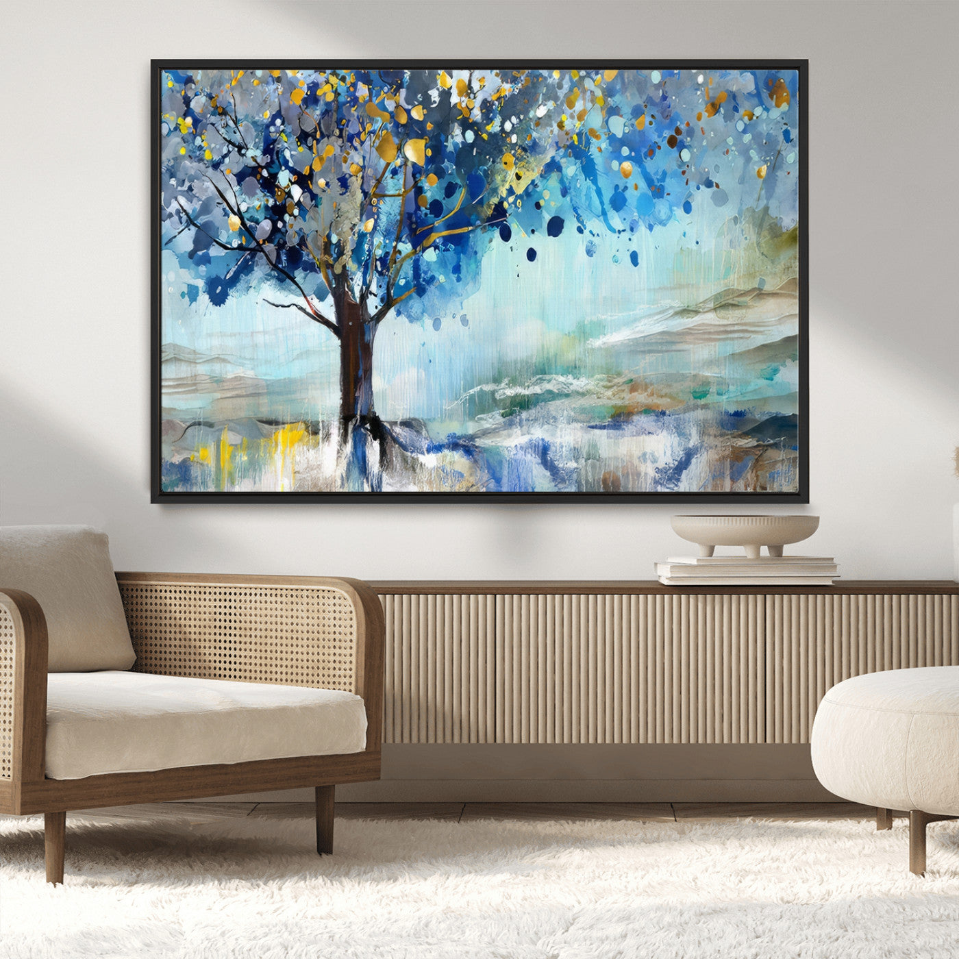 17018-MGV-CV-36X24-Abstract Blue Tree Wall Art – Colorful Canvas Painting with Gold and Silver Accents, Modern Nature Artwork for Living Room,