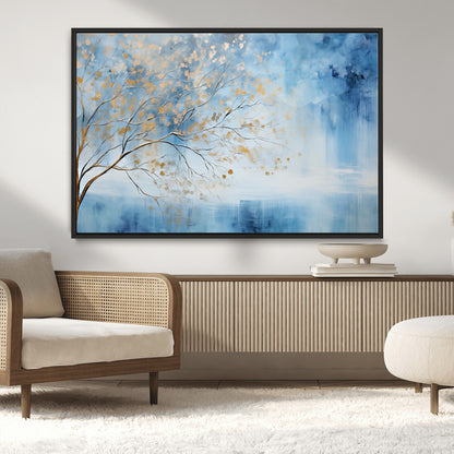 23891-MGV-CV-36X24-Abstract Tree Wall Art – Minimalist Blue and Gold Canvas Painting, Elegant Nature-Inspired Artwork for Living Room, Bedroom or