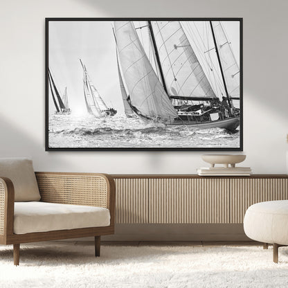 Boat-1-MGV-CV-36X24-Sailboat Racing Wall Art – Nautical Black and White Canvas Print, Ocean Adventure Decor for Office, Living Room or Bedroom