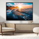 26494-MGV-CV-36X24-Ocean Sunset Wall Art – Scenic Beach Canvas Print with Waves and Mountains, Coastal Seascape Photography for Living Room, Bedroom