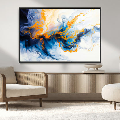 83720-MGV-CV-36X24-Abstract Fluid Wall Art – Blue, White and Gold Swirl Canvas Painting, Modern Contemporary Artwork for Living Room, Bedroom or