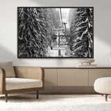 19240-MGV-CV-36X24-Ski Lift Wall Art – Black and White Winter Mountain Canvas Print, Snowy Forest Ski Resort Photography for Cabin, Lodge, Office or