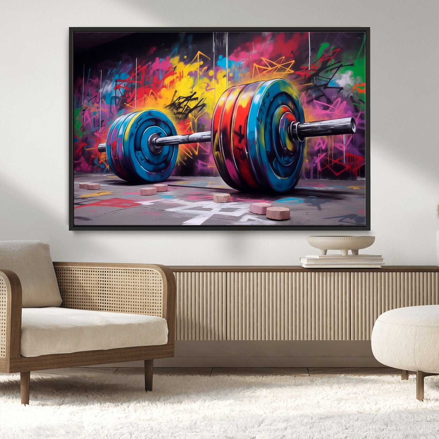 13549-MGV-CV-36X24-Graffiti Gym Wall Art Canvas Print, Framed Graffiti Barbell Art Picture Print, Weightlifting Perfect Fitness Studio Decor Artwork