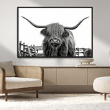 58188-MGV-CV-36X24-Highland Cow Wall Art – Black and White Rustic Farmhouse Canvas Print, Longhorn Cattle Photography Decor for Living Room or