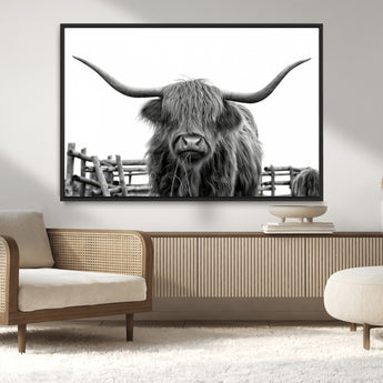 58188-MGV-CV-36X24-Highland Cow Wall Art – Black and White Rustic Farmhouse Canvas Print, Longhorn Cattle Photography Decor for Living Room or