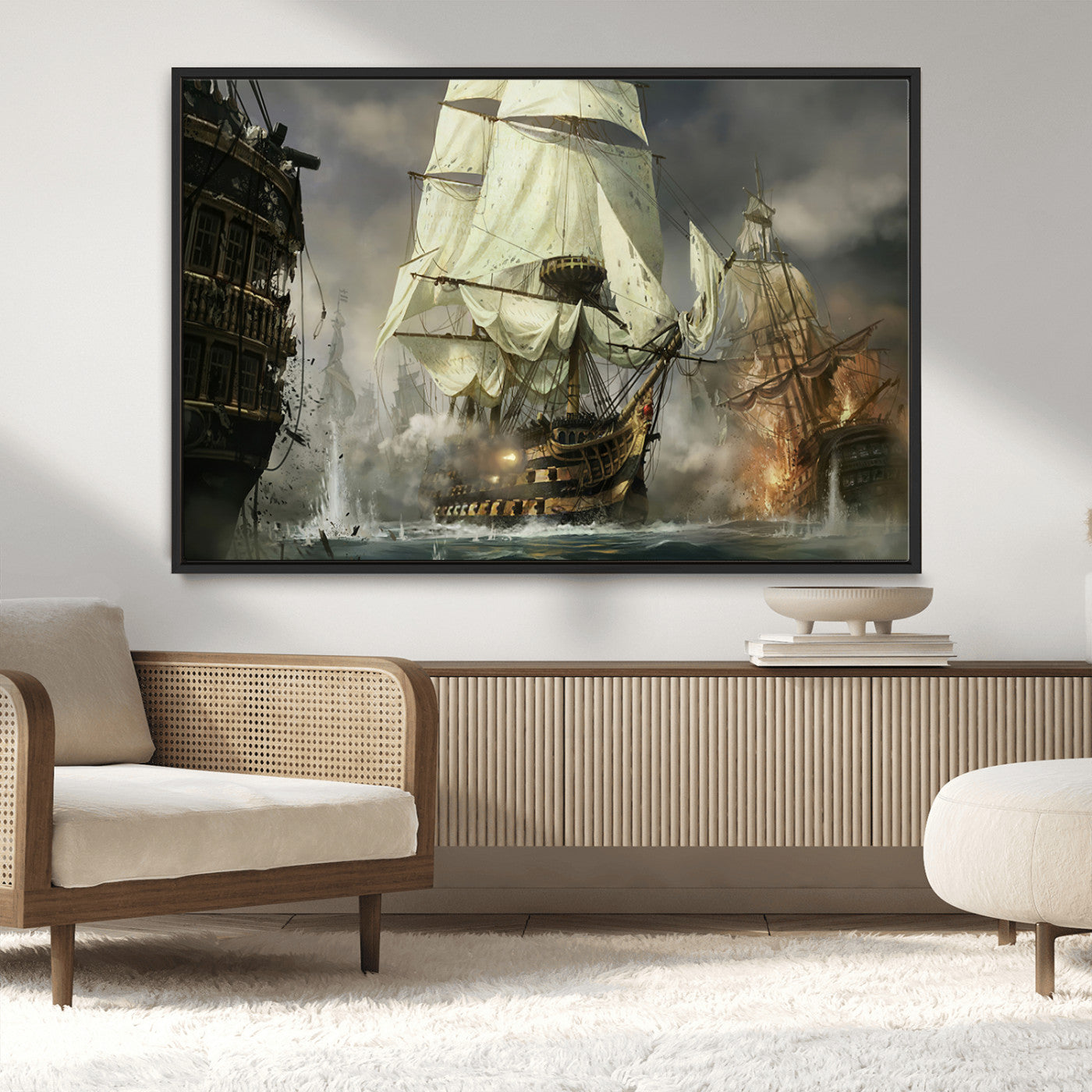 26512-MGV-CV-36X24-Naval Battle Wall Art – Dramatic Tall Ship Canvas Print, Historic Pirate Sailing War Scene, Nautical Decor for Office, Study or