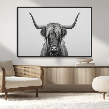35820-MGV-CV-36X24-Minimalist Highland Cow Wall Art – Black and White Longhorn Cattle Canvas Print, Modern Farmhouse Animal Photography Decor for